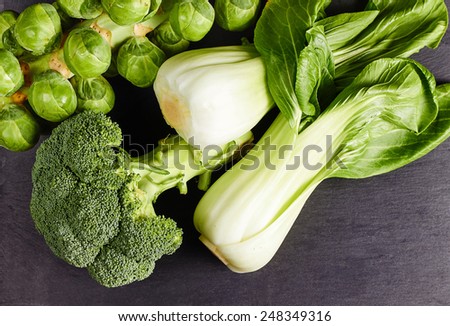 Healthy green vegetables, organic sprouts, broccoli and chinese cabbage pak choi