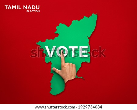 VOTE FOR INDIA TAMIL NADU, male Indian Voter Hand with voting sign or ink pointing out , Voting sign on finger tip Indian Voting on red background