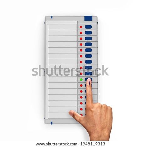 Electronic Voting Machine, EVM with male hand voting sign pressing button casting vote Indian election 3D illustration