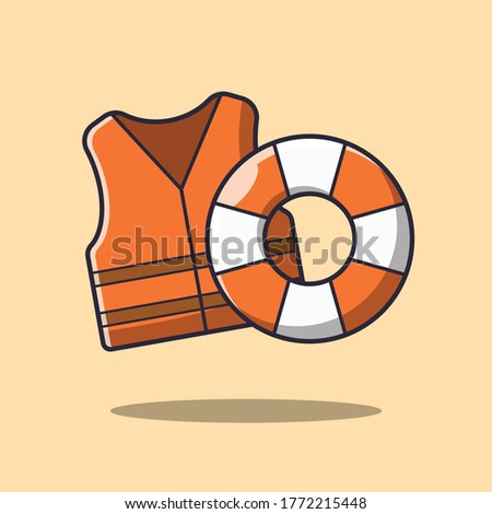 Life jacket and life buoy vector icon illustration. Equipment for safety on boat, kayaking, rafting, and water sports. Vector flat style cartoon illustration.