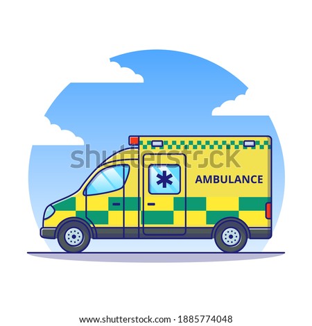 Green and Yellow Ambulance Van on Blue Sky Background. Transportation and Medical Icon Concept. Flat Cartoon Vector Illustration Isolated.
