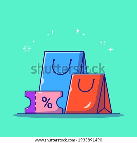 Shopping Bag and Discount Voucher Giveaway. Business and Ecommerce Icon Concept. Flat Cartoon Vector Illustration Isolated.