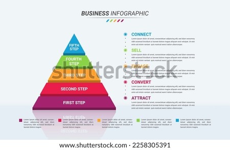 3D Pyramidal Infographic Design Template and Business Icon with Five Steps. Pyramidal Isometric Infographic with 5 Options for Presentations, Finance Reports, Web Design, and Yearly Reports