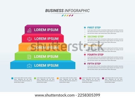 Infographic Stairs Design Template and Business Icon with Five Options or Step. Stairs Infographic with 5 Options for Presentations, Finance Report, Web Design, and Yearly Report.