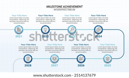 Milestone Achievement Infographic Timeline with 8 Steps on a 16:9 Layout for Business Presentations, Management, and Evaluation.