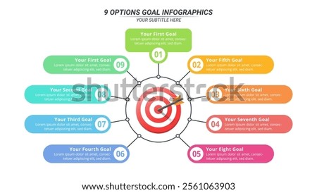 9 Options Goal Infographic on a 16:9 Layout for Business Presentation, Poster, Banner and Booklet.