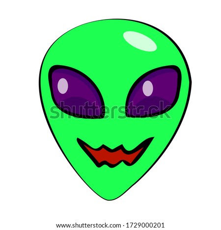 A cunning alien with large purple eyes, an evil grin, a cosmic man, a Martian face, an intergalactic UFO.  Color sticker, illustration for books, comics. Vector image on white background, isolated.