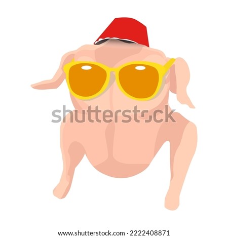 Turkey in yellow glasses and a hat, carcass, meat, poultry. Thanksgiving, joke, sitcom, friends. Vector illustration on a white background.