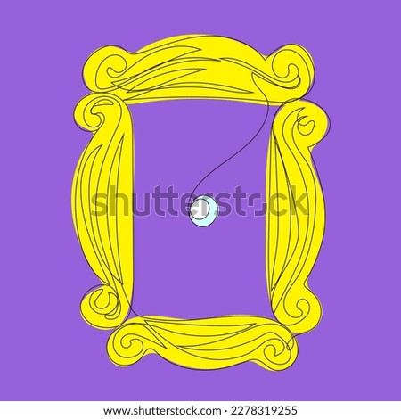 Yellow frame with peephole in one line style on a purple background. Friends, television, series, Thanksgiving, tv. Vector stock illustration.