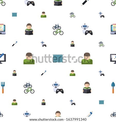 pictogram icons pattern seamless. Included editable flat bike station, Knitting, Pen, Reading, User, NPC, Digital illustration, Gardening tools icons. pictogram icons for web and mobile.