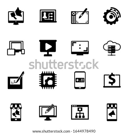 16 screen filled icons set isolated on white background. Icons set with Digital marketing, Distance teacher, Graphic tablet, responsive web design, video Presentation, Aspect Ratio icons.