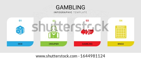 4 gambling filled icons set isolated on infographic template. Icons set with dice, Croupier, Bingo icons.
