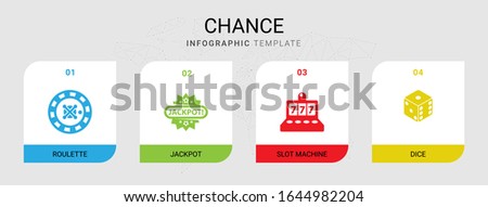 4 chance filled icons set isolated on infographic template. Icons set with roulette, Jackpot, slot machine, dice icons.
