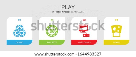 4 play filled icons set isolated on infographic template. Icons set with Casino, roulette, Video games, poker icons.