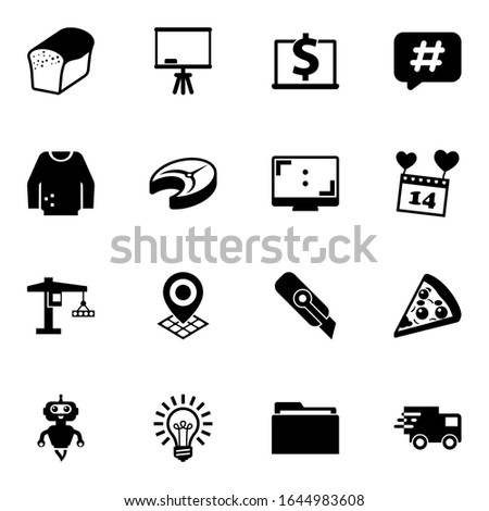 16 white filled icons set isolated on white background. Icons set with bread, Board stand, Computer-Based Training, jumper, fish steak, Aspect Ratio, tower crane, Geo Targeting icons.