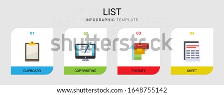 4 list flat icons set isolated on infographic template. Icons set with Clipboard, Copywriting, Priority, Sheet icons.