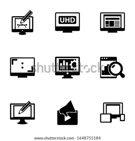 9 monitor filled icons set isolated on white background. Icons set with Webdesign, 4K Streaming, layout, Aspect Ratio, Accounting software, Web analytics, Digital illustration icons.