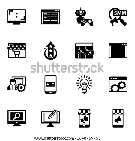 16 app filled icons set isolated on white background. Icons set with Aspect Ratio, coding, NPC, Distance Learning, level up, digital wallet, social media management, Mobile game icons.