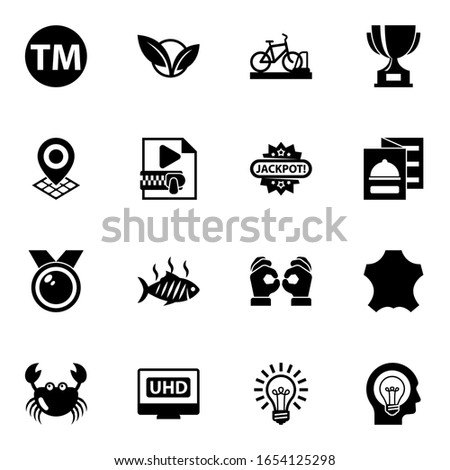 16 label filled icons set isolated on white background. Icons set with Trademark, vegetarian, bicycle parking, Geo Targeting, Video Compression, Jackpot, medal, grilled fish icons.