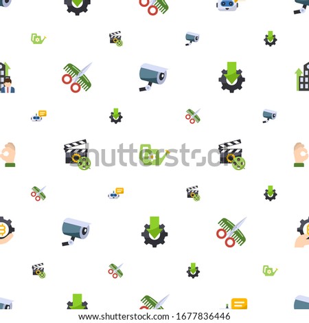 vector icons pattern seamless. Included editable flat security camera, Watering can, Chat Bot, Hairdressing salon, Video maker, Online tutorial icons. vector icons for web and mobile.