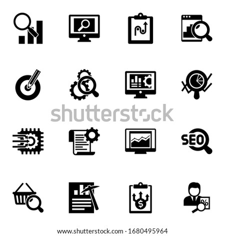 16 analysis filled icons set isolated on white background. Icons set with Semantic Analysis, analytics app, tactics, Target keywords, Search optimization, Accounting software icons.