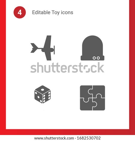 4 toy filled icons set isolated on . Icons set with Aeromodeling, Future technology, dice, Puzzle icons.