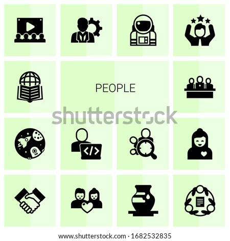 14 people filled icons set isolated on white background. Icons set with Affiliate Marketing, space, Developer, developers team, Audience, manager, astronaut, celebration icons.