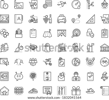 Thin outline vector icon set with dots - santa vector, elf, success, Winemaking, hr policies, Laundry service, Taxi, Garden, Video marketing, Mail, Target Audience, Brain storm, Chat Bot, maker, map