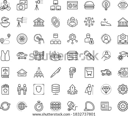 Thin outline vector icon set with dots - chills vector, Photo services, User, Blended Learning, Investor, Pen, Cutter knife, Audience, website optimization, testing, DJ, vest, concrete mixer, Tipper