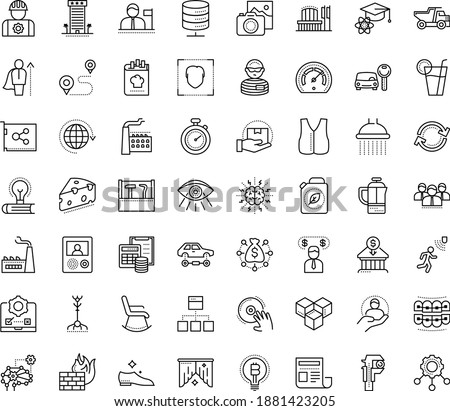 Thin outline vector icon set with dots - Car rental vector, Photo services, Entrepreneur, Deep learning, Bandwidth, testing, Vision, DJ, vest, tools, Tipper, business people, worker, hero, client