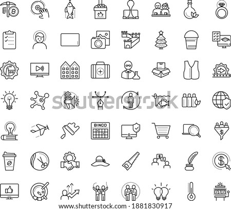 Thin outline vector icon set with dots - headache vector, christmas tree, Bucket, Hand saw, human Resour es, Photo services, Hairdressing salon, Marketing budget, Distance Exam, Binder clip, Idea