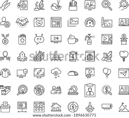 Thin outline vector icon set with dots - Spray bottle vector, hr software, Services, Webdesign, Video marketing, Online Training, Business education, Chat Bot, Audience, Bandwidth, maker, front end