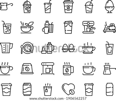 Food line icon set - hot cup, coffee to go, drink, tea, ceremony, cocktail, coffe maker, iced, top view, turkish, love, machine, capsule, beaker, egg stand, drinks, green, thermo flask, soda, glass