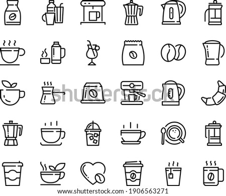 Food line icon set - hot cup, coffee to go, green tea, pot, croissant, french press, coffe maker, iced, top view, instant, irish, love, machine, pack, beans, capsule, kettle, drinks, turkish