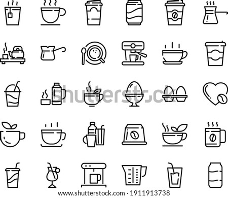 Food line icon set - hot cup, coffee to go, green tea, drink, ceremony, cocktail, coffe maker, top view, turkish, irish, love, machine, capsule, beaker, egg stand, drinks, thermo flask, soda, paper