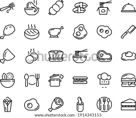 Food line icon set - plate spoon fork, dish dome, salad, meat, sandwich, burito, fried chiken leg, lunch box, octopus soup, chinese pasta, funchose, sashimi, chef hat, with, ham, omelette, burger