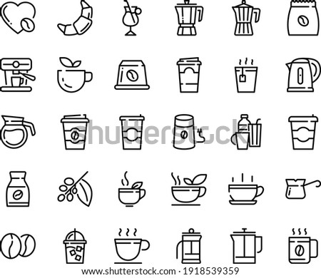 Food line icon set - hot cup, coffee to go, green tea, pot, croissant, iced, french press, mill, turkish, tree, instant, irish, love, machine, pack, beans, capsule, kettle, drinks, paper