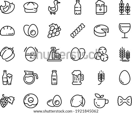 Food line icon set - spike, green tea, milk bottle, grape, bread, beer mug, donut, wine glass, cheese, goose, egg, eggs yolk, timer, coffee pot, wheat, foam, tap, bell pepper, lemon, chili, capers