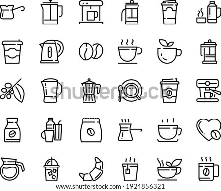 Food line icon set - coffee to go, green tea, hot, cup, croissant, french press, coffe maker, iced, top view, pot, turkish, tree, instant, love, machine, pack, beans, kettle, drinks, thermo flask