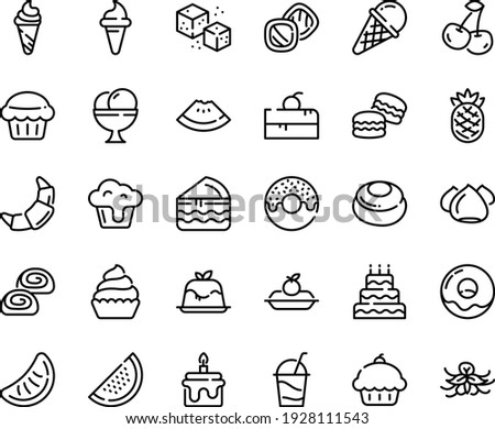 Food line icon set - cherry cake piece, cupcake, watermelon, donut, ice cream horn, panna cotta, croissant, charlotte, cocktail, meringue, bakery, refined sugar, big, muffin, macarons, cookies