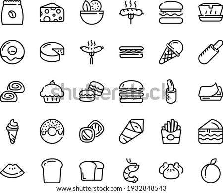 Food line icon set - burger, salad, cupcake, watermelon piece, sandwich, french fries, donut, hot dog, ice cream, lunch box, dim sum, shrimp, temaki, cheese, sausage on fork, pate can, bakery, bread