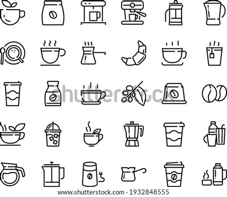 Food line icon set - hot cup, coffee to go, green tea, pot, croissant, coffe maker, iced, french press, mill, top view, turkish, tree, instant, machine, pack, beans, capsule, drinks, thermo flask