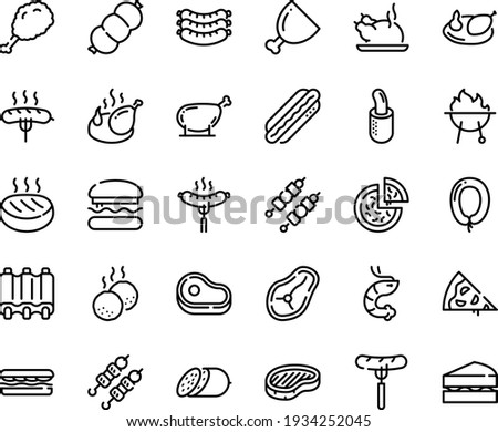 Food line icon set - pizza piece, burger, meat, sandwich, sausage on fork, fried chiken leg, chinese chicken, shrimp, kebab, salami, sausages, hot dog, steak, french, ham, cutlet, meatballs, bbq