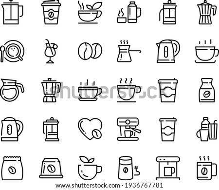 Food line icon set - hot cup, coffee to go, green tea, pot, french press, coffe maker, mill, top view, instant, irish, love, machine, pack, beans, capsule, kettle, drinks, turkish, thermo flask