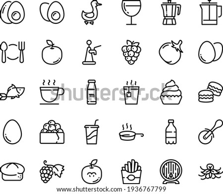 Food line icon set - plate spoon fork, milk bottle, french fries, hot tea, drink to go, fish, gunkan, pizza roll knife, coffee pot, grape, bread, beer barrel, wine glass, goose, cupcake, cup, press