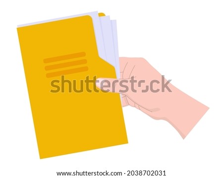 Hand holds a yellow folder with documents. 