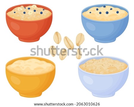 Oatmeal breakfast cups set. Oat grain porridge. Cartoon style muesli. Vector illustration isolated on white background.