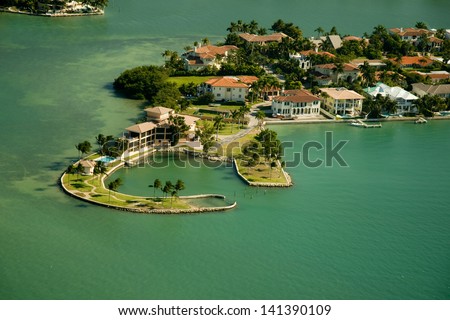 Aerial view of islands and generic real estate in the area of Miami, Florida.