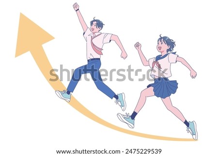 Male and female students jumping energetically in summer uniform