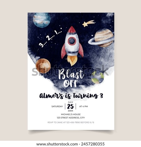 Birthday invitation card with outer space theme background template for boys, blast off rocket launch theme children birthday invitation